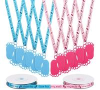 48 Pcs Baby Gender Reveal Necklace, Team Boy Team Girl Necklaces with Footprint Felt Pendant Ornaments, Blue Pink Ribbon Necklace for Gender Reveal Party Baby Shower Party Supplies