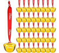 48 Pcs Believe Christmas Bell Ornaments - 1.5 Inch Jingle Bells With Ribbon for Tree Decor, Sleigh, Polar Express - Mini Gold Bells Bulk Set