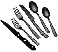 48 Pcs Black Hammered Silverware Set with Steak Knives, Stainless Steel Flatware Set for 8, Mirror Cutlery Include Forks Spoons and Knives Set for Home Hotel, Dishwasher Safe Utensils