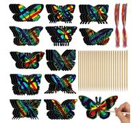48 Pcs Butterfly Scratch Art for Kids, 12 Styles Rainbow Scratch Paper, Magical Etch Art Kids, Scratch Painting with Wooden Sticks and Ribbons for DIY Crafts, Birthday, Party