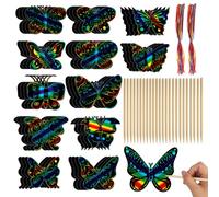 48 Pcs Butterfly Scratch Art for Kids, Rainbow Scratch Paper, Magic Scratch Cards for Kids, Scratch Painting with Ribbon and Bamboo Pen for DIY Party Decoration (12 Patterns)