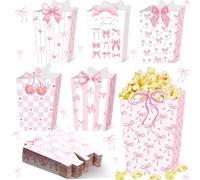 48 Pcs Coquette Pink Bow Popcorn Boxes Mini Paper Coquette Bow Popcorn Bags Pastel Candy Container Goodies Boxes for Birthday Sleepover Bridal Shower Wedding Movie Night Party Favor