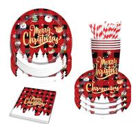 48 Pcs Disposable Dinnerware Set, 12 Guests - 9 Inch Plates, Cups, Napkins, Straws - Red Pattern with Snowflakes - Party Tableware for Christmas