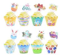 48 pcs Easter Cupcake Toppers and Wrappers, Easter Party Decorations, Colorful Cupcake Liners, Bunny Chicks Easter Egg Cake Decoration Toppers for Kids Birthday Party Easter Party Supplies