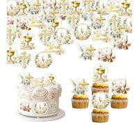48 PCS Edible First Holy Communion Cupcake Toppers Wafer Paper Dove Cross God Bless and Baptism Cupcake Picks First Communion Theme Baby Shower Birthday Party Cake Decorations