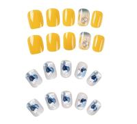 48 Pcs False Nails Short Square | Homiladi Blue Flower Stick-on Gold Foil & Yellow with Fallen Leaves Short False Nails | Fake Nail Glue-on Removable for Women Bride Girl Daily Nail Manicure Set