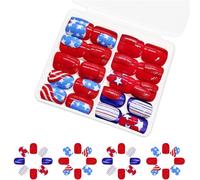48 Pcs Full Covers False Nails Short Square Press on Five-Pointed Star Stick on 4th of July Acrylic
