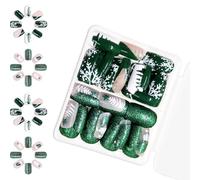 48 Pcs Green Short Square False Christmas Full Covers Stick on with Snowflake Designs