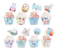 48 pcs Happy Easter Cupcake Toppers and Wrappers, Easter Party Decorations, Colorful Cupcake Liners, Bunny Chicks Easter Egg Cake Decoration Toppers for Kids Birthday Party Easter Party Supplies