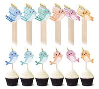 48 Pcs Narwhal Cake Toppers Narwhal Cupcake Toppers Ocean Birthday Party Decorations Supplies Under the Sea Blue Ocean Themed Party Baby Shower Birthday Supplies