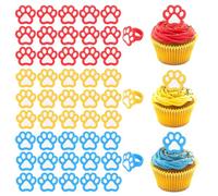 48 Pcs Paw Print Ring Cupcake Toppers Decorations, Dog Party Decorations, Dog Ring Cupcake Toppers for Dogs Puppy Baby Shower Party Supplies (Red, Yellow, and Blue)