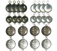 48 PCS Pendant Tray Kit, Seasonsky Double Hole Bracelet Blanks Pendant Trays with 24 PCS Glass Cabochon Round Connector Charms Bracelet Cameo Bezel Settings Photo Jewelry for Crafting DIY