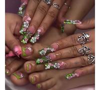 48 Pcs Pink Press on Nails Long Square & Press on Toenails Set - YEFIUO Green French Fake Nails Press ons Nail Art Tips Glue on Nails Full Cover Acrylic Nail Kit False Toe Nails with 3D Flowers Design