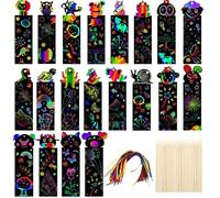 48 PCS Scratch Art for Kids Christmas Party Bag Fillers Magic Rainbow Bookmarks Animal Craft DIY Scratch Tag with 48 Pcs Bamboo Stylus and 48 Pcs Party Decoration Ribbons for Family Craft Activities