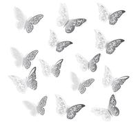 48 PCS Silver Butterfly Decorations, 3D Butterfly Wall Decor, 4 Styles 3 Sizes, Removable Metallic Wall Sticker Room Mural Decals for Crafts, Bouquet, Cake Decorating, Flower Arrangements, Room Decor