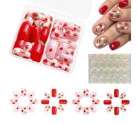 48 Pcs Strawberry and Flower Press on Nails for Kids and Women, Short Fake False Nails with Jelly Adhesive Tabs, Safe Reusable Stick on for Girls, Adults, Parties and Gifts