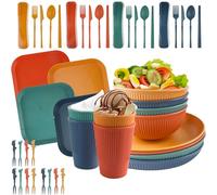 48 PCS Unbreakable Dinner Set, Hyacinthy Camping Plates and Bowls Set for 4 People, Lightweight Plastic Picnic Plates Bowls, Outdoor Dining Tableware for Kids Elderly, Microwave & Dishwasher Safe