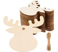 48 Pcs Wooden Christmas Deer Head Ornaments Unfinished Wood Reindeer Head Cutouts with Hole Blank Wooden Christmas Elk Ornament with Twine for DIY Craft Present Tag Holiday Xmas Tree Decor