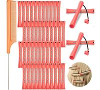 48 Piece Hair Perm Rods Plastic Perming Rods Curlers Hair Rollers with Steel Pintail Comb Rat Tail Comb for Hairdressing Styling Tools (Pink, 0.51 Inch/ 1.3 cm)