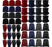 48 Pieces Bulk Winter Beanies Hat Gloves Scarves Neck Warmers Drawstring Backpack Bag Set Unisex Homeless Care Package, 4 Colors, 、, L