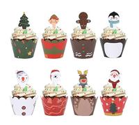 48 Pieces Christmas Cupcake Toppers and Wrappers,Cupcake Dessert Decoration,for Christmas Party Supplies,Santa Claus Snowman Reindeer Elf Penguin Christmas Tree(24 Wrappers + 24 Toppers)