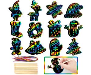 48 Pieces Christmas Scratch Art for Kids, DIY Rainbow Magic Scratch Paper, Santa Claus, Elk, Snowflakes, Wreath, Bells, Christmas Tree House Arts and Crafts Ornaments for Party Favor Holiday Decor