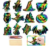 48 Pieces Halloween Scratch Art for Kids, DIY Rainbow Magic Scratch Paper, Bat Pumpkin Halloween Haunted House Arts and Crafts Ornaments for Classroom Activity Party Favor Holiday Decor