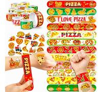 48 Pizza 24PCS Pizza Temporary Tattoos Sticker 24PCS Slap Bracelets Perfect for Themed Birthday Baby Showers or Classroom Rewards Ideal Decor and Gifts for Girls and Boys