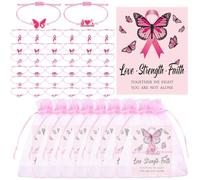 48 Sets Breast Cancer Awareness Bracelets Adjustable Cord Stretch with Cards Organza Bags Pink Ribbon Breast Awareness Bracelets Gifts for Women Cancer Fighters Fundraiser Events Survivors Support