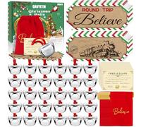 48 Sets Christmas Polar Express 1.8inch Believe Bells Santa Gifts Bulk Christmas Ornament Train Ticket with Tags Red Velvet Bag Christmas Movie Party Favors for Xmas Party Tree Decorations