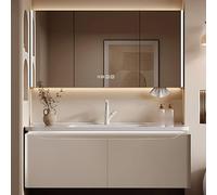 48" Wood Bathroom Vani with LED Defogging Mirror - Slish Modern Design Rounded Corners Handleless Tissue Paper Hole Time Display Khaki h t for Ele Spaces
