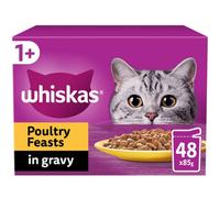 48 X 85G Whiskas 1+ Poultry Feasts Mixed Adult Wet Cat Food Pouches In Gravy