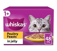 48 X 85G Whiskas 1+ Poultry Feasts Mixed Adult Wet Cat Food Pouches In Jelly