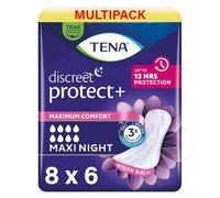 48 x Tena Lady Discreet Maxi Night Incontinence Pads for Women, 8 Packs of 6, with Medium to Heavy Bladder Weakness, Specifically Designed for Night Time Protection with Wider Back and Extra Length