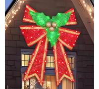 48in Pre-Lit Christmas Bow Decoration, Large Outdoor 213 LED Holiday Yard Deco, Red and Green with Gold Accents, Pre-lit Holiday Door Wreath Topper,16Light Functions, Timer, Hook