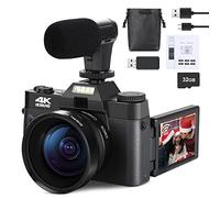 48MP Digital Camera for Photography and Video,4K Vlogging Camera for YouTube with 180° Flip Screen,16X Digital Zoom,52mm Wide Angle,Leather Hold & Strap, 2 Batteries, 32GB TF Card (Black)