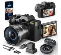48MP Digital Camera for Photography and Video,4K Vlogging Camera for YouTube with 180° Flip Screen,16X Digital Zoom,52mm Wide Angle,Leather Hold & Strap, 2 Batteries, 32GB TF Card (Black)