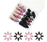 48pcs Almond French Tips Fake Nails Acrylic Nails Spiders Web Stick On For Women Halloween Press On Gifts Almond False Nail