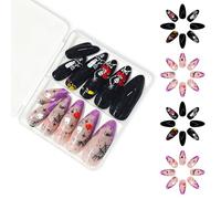 48pcs Almond French Tips Fake Nails Acrylic Spiders Web Stick On For Women Halloween Press Gifts Glues Nail