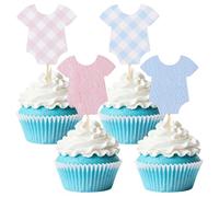 48pcs Bodysuit Cupcake Toppers, Blue & Pink Gingham Baby Shower Cake Decorations Cute Gender Reveal Cake Topper for Boys Girls Baby Shower Party Supplies