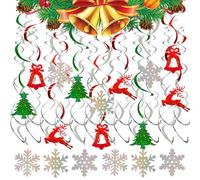 48PCS Christmas Ceiling Decorations, Hanging Christmas Decorations Indoor, Christmas Hanging Swirls Decorations with Christmas Tree, Bell, Reindeer, Snowflake for Xmas Party Decoration