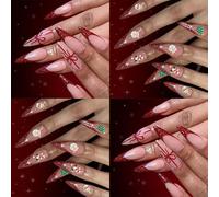 48PCS Christmas French Glitter Press On Nails Wine Red Snowflake Design ABS Fake Nails Holiday Women Red Glitters French Tip Fake Nail