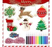 48PCS Christmas Tree Wooden Ornaments Hanging Baubles Set Blank Round Wooden Baubles with Twine Colorful Bells Watercolor Pens Christmas Hanging Decorations for Xmas Tree Decoration DIY Crafts