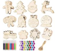 48pcs Christmas Wooden Ornaments Set With Holes, Unfinished Slices, Twine, Colorful Bells, Watercolor Pens for Kids DIY Crafts, Hanging Decoration, Xmas Gift