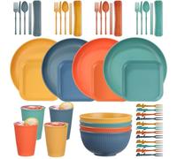 48pcs Dinnerware Set Camping Plates Picnic Cereal Bowls for 4 People, Unbreakable Tableware Colorful Plastic Lightweight Serving Plates, Bowls, Cups, Cutlery Set, Forks Party Reusable Plates Bowls Set