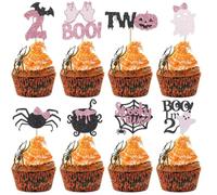 48Pcs Glitter Halloween Spooky Two Cupcake Toppers Boo I'm 2 Cupcake Toppers Ghost Bat Spiderweb 2nd Birthday Cupcake Picks for Halloween Baby Shower Gender Reveal 2nd Birthday Party Cake Decoration
