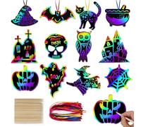 48Pcs Halloween Arts and Crafts for Kids, Halloween Scratch Art for Kid, Pumpkins Magic Rainbow Scratch Art, DIY Ornaments Party Favor Supplies