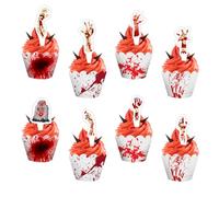 48Pcs Halloween Horror Cupcake Toppers Wrappers, Zombie Hand Tombstone Horror Themed Cupcake Decorations for Halloween Party, Zombie Theme Party, Horror Themed Birthday Decorations