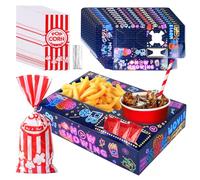 48Pcs Movie Night Snack Tray Set - 24 Cardboard Cinema Snack Trays, 24 Candy Popcorn Bags - for Movie Night Party, Birthday, Carnival, Theater Theme Events