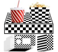 48Pcs Movie Night Supplies 24 Movie Theater Snack Trays with 24 Popcorn Bags Black White Checkered Snack Boxes Race Car Party Paper Food Trays Car Food Boats for Family Birthday Racing Party